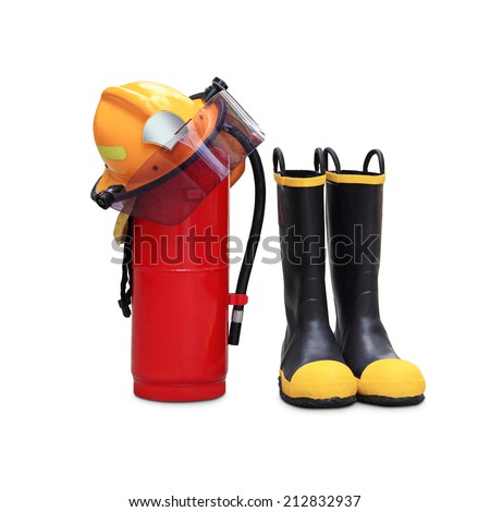 chemical fire extinguisher, helmet and shoes safety through the use of firefighters in thailand isolated on white background 