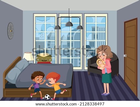 Bedroom scene with family members illustration