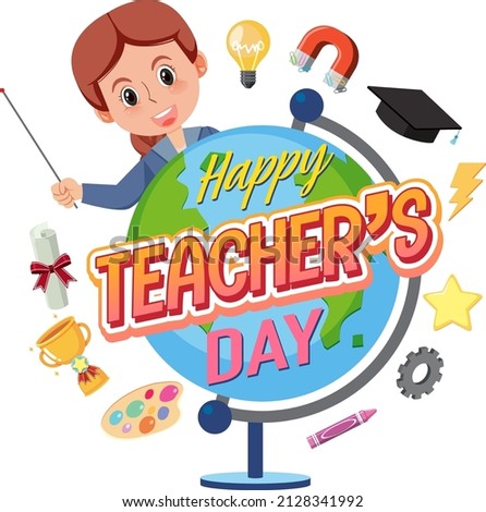 Happy Teacher's Day with a female teacher and school objects illustration