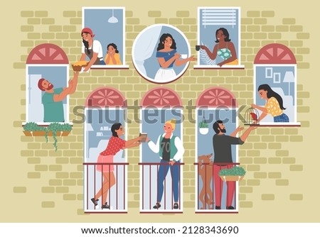 Good neighbors communicating with each other from open windows and balconies, flat vector illustration. Happy people talking, drinking tea, coffee, sharing pie, book with neighbors. Good neighborhood. Royalty-Free Stock Photo #2128343690