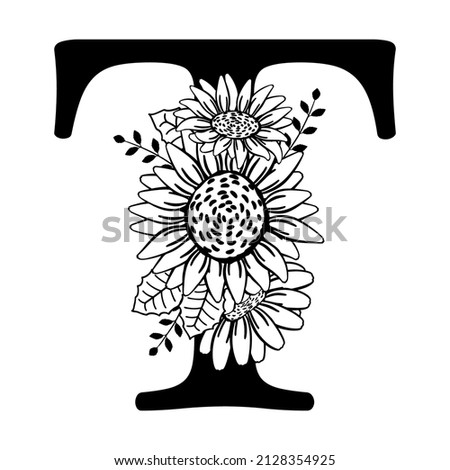 Monogram, capital letter T with flowers and leaves. Family logo, farmhouse decoration. Black silhouette of letter, ready to be printed and cut on plotter. Wedding, personalized gift. Vector
