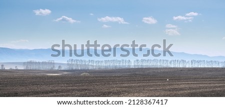 Arable field in early spring, farm landscape, panoramic view
