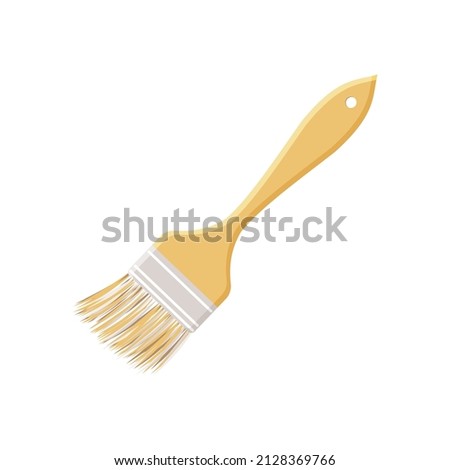 Paintbrush with a wooden yellow handle for artistic and repair work tilted diagonally, isolated on a white background. Vector.
