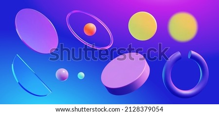 Set of 3D geometric elements including round discs, balls, glass, and ring isolated on blue background Royalty-Free Stock Photo #2128379054