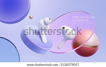 Wireless in ear headphones ad. 3D Illustration of an in ear earbuds displayed in front of floating discs on light purple background Royalty-Free Stock Photo #2128379057