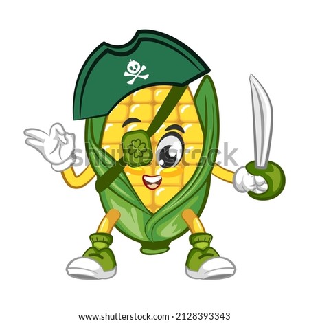 Vector mascot, cartoon and cute corn illustration being a one eyed pirate with a dagger Royalty-Free Stock Photo #2128393343