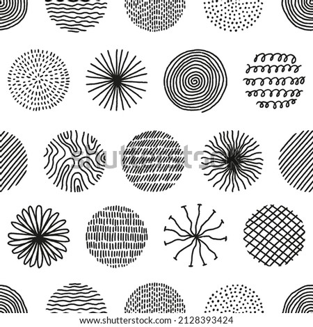 Hand drawn circles with doodle texture. Modern abstract seamless pattern with black organic round shapes with lines, circles, drops. Vector illustration on white background.