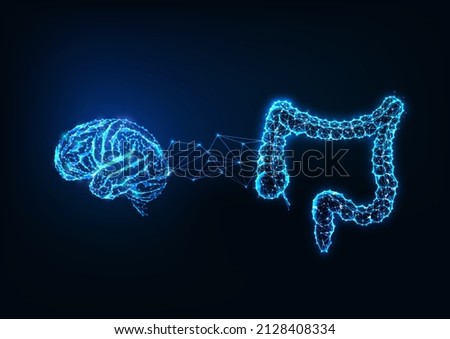Futuristic gut brain connection concept with glowing low polygonal human brain and intestine 