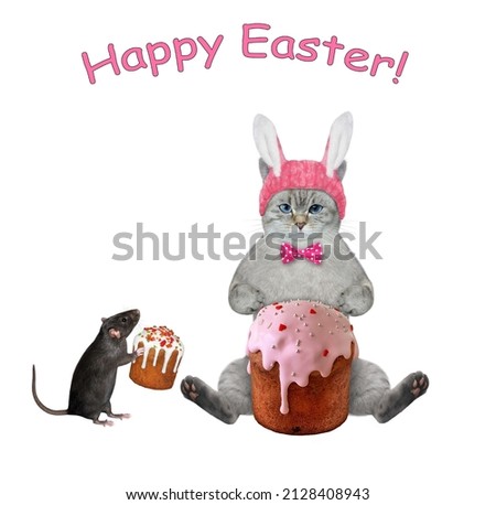 An ashen cat in a pink easter bunny hat and a black rat with holiday cakes.