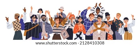 Crowd of happy people group, welcoming and applauding. Active fans audience with hands up standing together. Young men and women yelling at event. Flat vector illustration isolated on white background Royalty-Free Stock Photo #2128410308