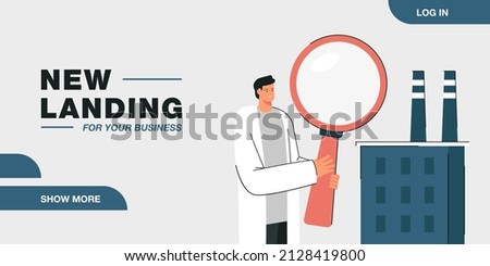 Ecologist with magnifier analyzing factory emissions. Industrial building causing air pollution flat vector illustration. Ecology, environment concept for banner, website design or landing web page