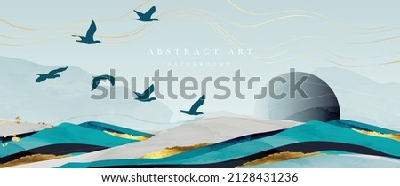 Elegant abstract mountain background. Watercolor wallpaper with gold wavy lines, hill, sun and flying birds. Luxury in blue tone design for banner, covers, wall art, home decor and invitation.