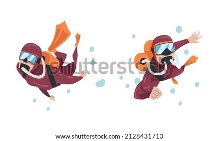 Scuba Diving Man and Woman with Breathing Equipment and Flippers Diving Underwater Vector Set