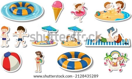 Set of summer beach items and children   illustration
