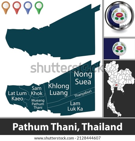 Map of Pathum Thani province with districts and location on Thai map. Vector image Royalty-Free Stock Photo #2128444607