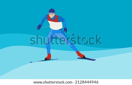 A young athlete is running on skis in a red and blue sports uniform. Sports in winter. Abstract blue winter background.