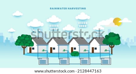 Rainwater rooftop harvesting system, Solution to water crisis, vector concept, vector illustration Royalty-Free Stock Photo #2128447163