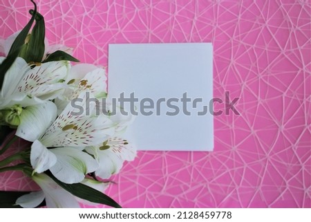 White alstroemeria and a sheet of white notepaper on a pink background. festive flower arrangement. Background for a greeting card.