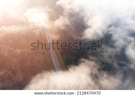 Aerial view of highway in the forest through the clouds. Cars crossing interchange overpass. Highway interchange with traffic. Fog over highway. Cars in motion. Top view.	