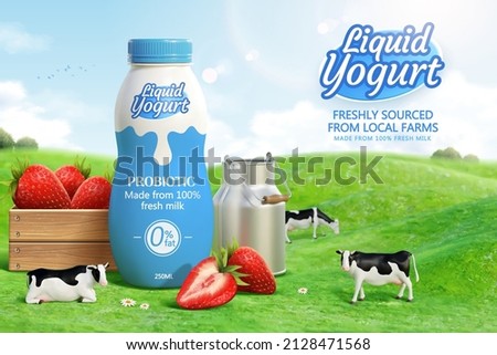 3d liquid yogurt ad template for product display. Yogurt bottle mock-up on farmland with a wooden box of strawberries, milk can and cows grazing on the meadow. Royalty-Free Stock Photo #2128471568