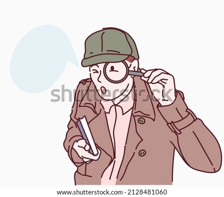 Investigator looking with magnifying glass. Hand drawn in thin line style, vector illustration. Royalty-Free Stock Photo #2128481060