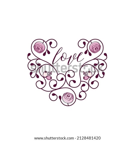 Happy Valentine's Day Greeting card. Elegant heart with flowers for birthday, Mother's Day, March 8, wedding. Vector illustration.