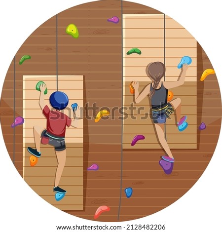 Scene with people climbing rock indoor on circle artboard illustration
