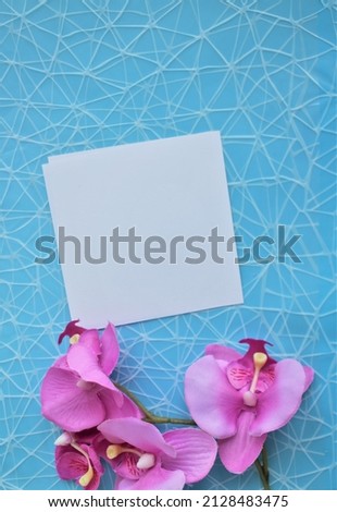 Pink orchid flowers and a sheet of writing paper on a light blue background. Festive flower arrangement. Background for a greeting card.