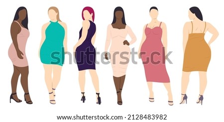 Women in summer dresses vector set. Plus size women in beautiful outfits.  Royalty-Free Stock Photo #2128483982