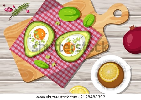 Top view food Creamy Avocado Egg Bake with placemat on wood plate on wood table illustration