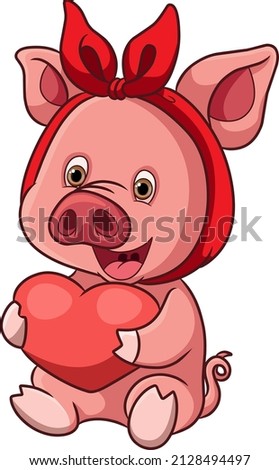 The happy pig with the red ribbon holding the love of illustration