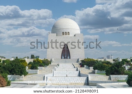 Picture of mausoleum of Quaid-e-Azam in bright sunny day, also known as mazar-e-quaid, famous landmark of Karachi Pakistan and tourist attraction of Pakistan. Royalty-Free Stock Photo #2128498091