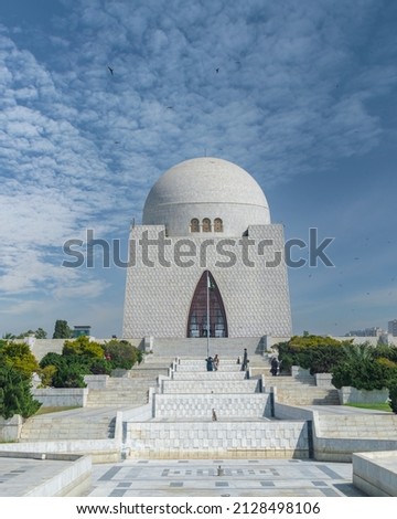Picture of mausoleum of Quaid-e-Azam in bright sunny day, also known as mazar-e-quaid, famous landmark of Karachi Pakistan and tourist attraction of Pakistan. Royalty-Free Stock Photo #2128498106