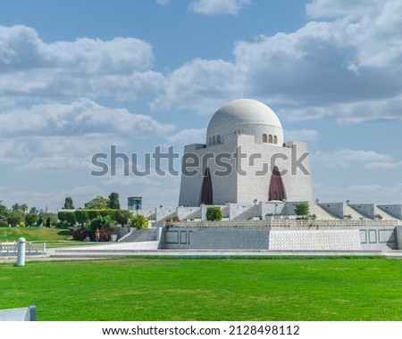 Picture of mausoleum of Quaid-e-Azam in bright sunny day, also known as mazar-e-quaid, famous landmark of Karachi Pakistan and tourist attraction of Pakistan. Royalty-Free Stock Photo #2128498112