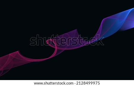 Elegant digital wavy 3d stripe as sound wave, pulse of rhythm, acoustic mix, vibration idea. Translucent gradient of pink, purple, blue on black. Great as cover print for electronics, poster, element.