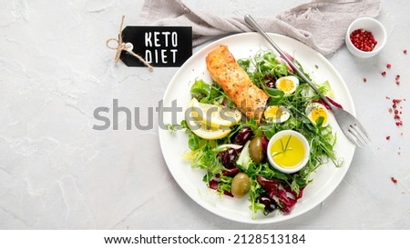 Ketogenic diet meals assortment on light background. Healthy eating concept. Flat lay, top view, copy space Royalty-Free Stock Photo #2128513184