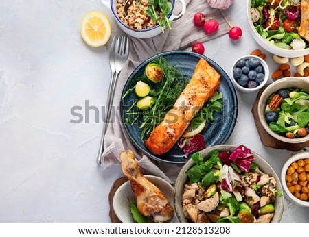 Healthy food assortment on light background. Dieting concept. Flat lay, top view, copy space Royalty-Free Stock Photo #2128513208