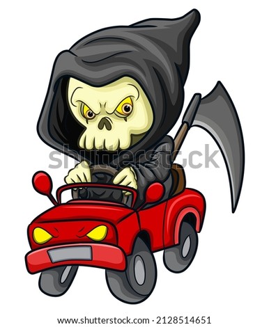 The scary grim reaper is driving car slowly of illustration