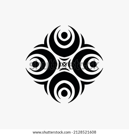 Black Mandala Tribal Flower Symbol Logo on White Background. Stencil Decal Tattoo Design. Flat Vector Illustration.
