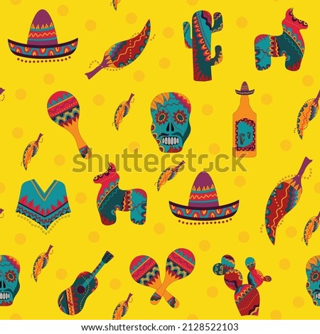 Bright colorful stylish seamless pattern about Mexico. Traditional Mexican symbols on bright background. Flat design. Hand-drawnd. Vector illustration.