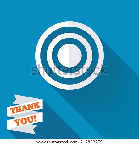 Target aim sign icon. Darts board symbol. White flat icon with long shadow. Paper ribbon label with Thank you text.