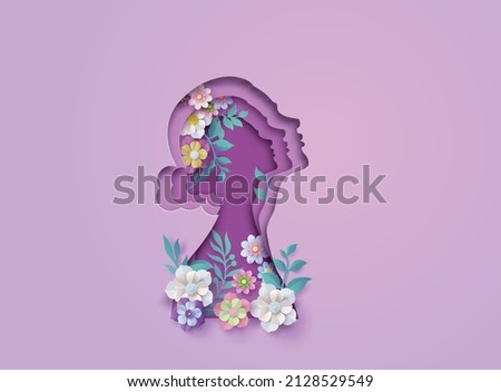 International Women's Day 8 march   with woman and butter fly , Paper cut style. Royalty-Free Stock Photo #2128529549