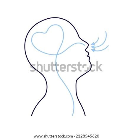 Breathing exercise, deep breath through nose for benefit and good work brain. Healthy yoga and relaxation. Vector outline illustration Royalty-Free Stock Photo #2128545620