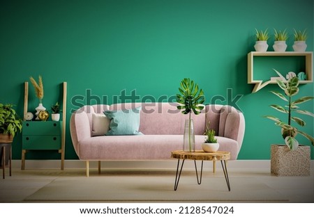 Green interior in modern interior of living room style with soft sofa and green wall Royalty-Free Stock Photo #2128547024