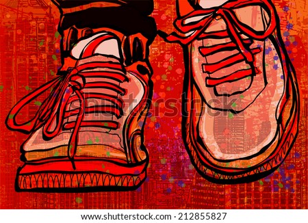 Basketball shoes over a grunge city background - vector illustration