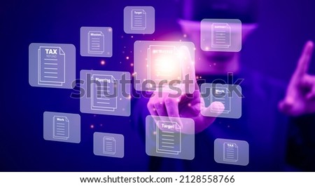 Man wearing VR glasses touch folder of document Management System,  online documentation database and process automation to efficiently manage files work, knowledge, Corporate business technology.