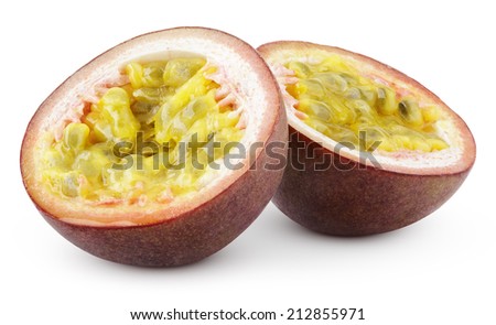 Two halves of passion fruit isolated on white with clipping path