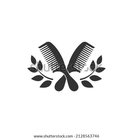 Black vintage hair comb with laurel crown. Retro Barber tools with leaves wreath. Vector illustration isolated on white. Best Hairdresser logo