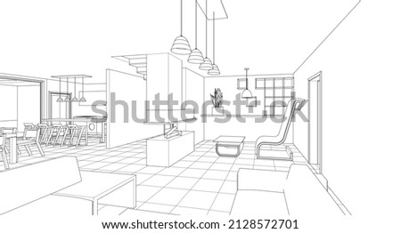 interior kitchen living room 3d illustration Royalty-Free Stock Photo #2128572701