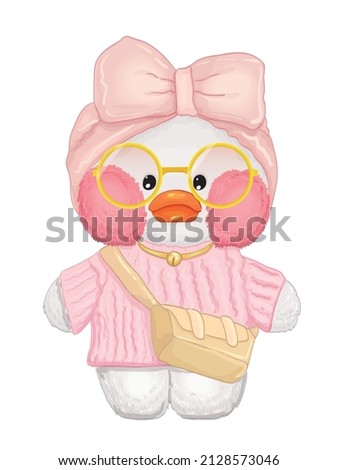 Vector illustration of white duck toy in pink headband and pink sweater